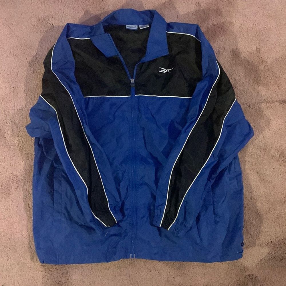 Reebok‎ Vintage Windbreaker Jacket Blue Black Colorblock Full Zip Mens XL